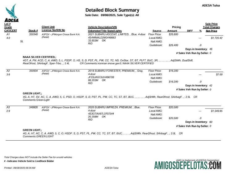 Nota fiscal de venda do leilão de automóveis Adesa, EUA, Oklahoma, 9 páginas exemplo real